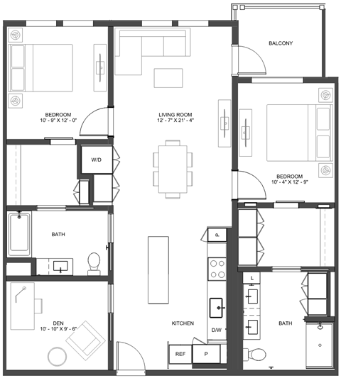 Floor plan for 2 beds, 2 baths, 1269 sqft